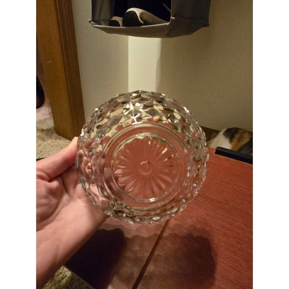 Vintage Clear Cut Glass Candy Dish Scalloped Lidded Trinket Jar Diamond Pattern